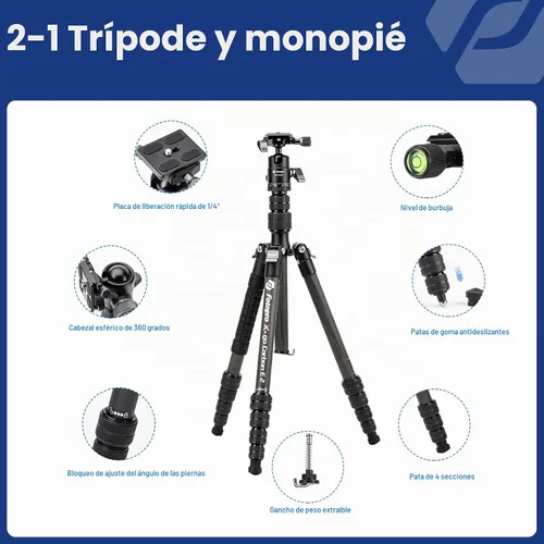 Vista 6 de Fotopro 60" Carbon Fiber Camera Travel Tripod, Detachable Monopod for DSLR Negro
