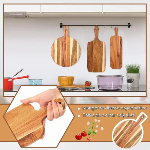 Vista 4 de Uiifan 3 tablas de cortar de madera de acacia con mango de varios tamaños