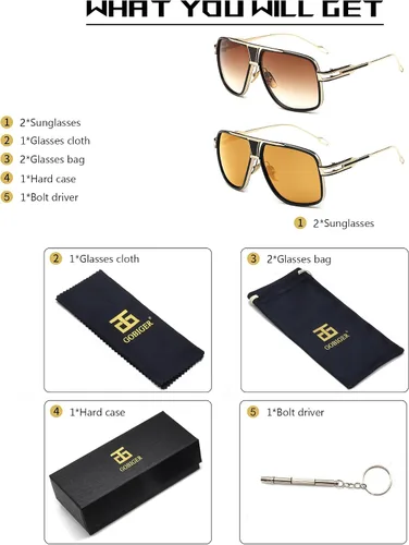 Vista 7 de Lentes de sol estilo aviador para hombres, lente con 100% protección UV, marco de aleación con estuche