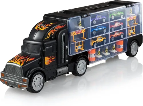 Vista 8 de Camión de Juguete Transportador de Autos - Incluye 6 Autos de Juguete y Accesorios, Cabe 28 Ranuras para Autos de Juguete - Gran Regalo para Niños