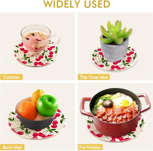Vista 5 de Qilmy Cherry Kitchen - Juego de 2 agarraderas redondas, resistentes al calor, para platos calientes, ollas calientes y sartén, 7 pulgadas + 9