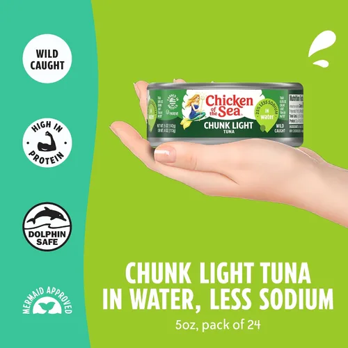 Vista 3 de Chicken of the Sea Atún ligero en trozos en agua, atún capturado en la naturaleza, 25% menos de sodio, latas de 5 onzas (paquete de 24)