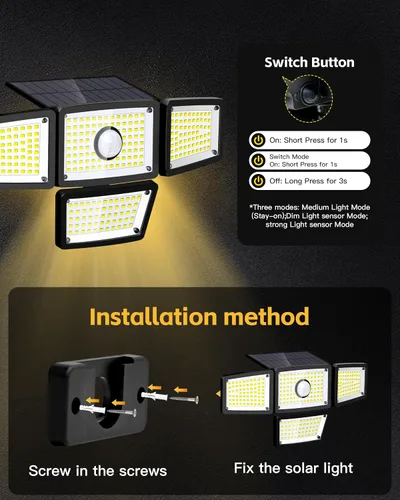 Vista 3 de Lámpara Solar con Sensor de 4 Cabezales, Luces Exteriores con Sensor de Movimiento 3000LM, 283 LED, 6500 K, Sensor de Movimiento, IP65 Impermeable