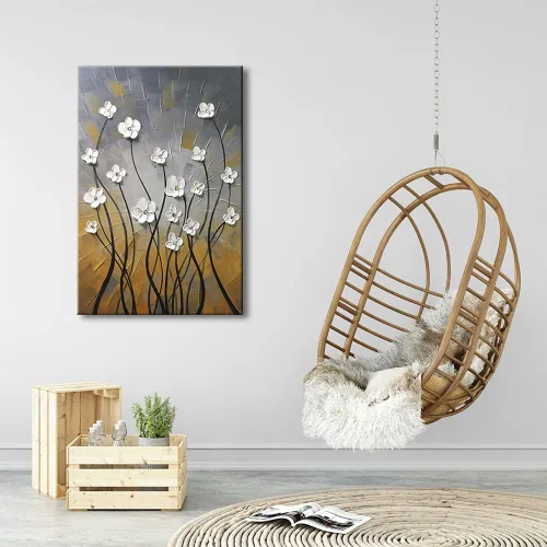 Vista 4 de Wieco Art Pinturas al óleo 100% pintadas a mano, lienzo abstracto, arte de pared, diseño moderno de flores estiradas, listo para colgar, para sala