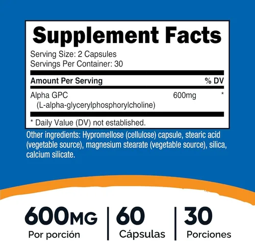 Vista 2 de Nutricost Alpha GPC 600 mg, 60 cápsulas vegetarianas - Sin OMG y sin gluten, 300 mg por cápsula