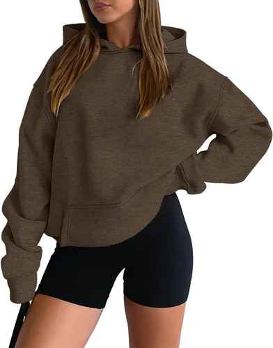 Vista 33 de onlypuff Sudadera casual con capucha para mujer, de manga larga, con bolsillo de canguro, hombro caído