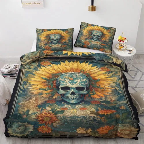 Vista 8 de Juego de funda de edredón tamaño individual Juego de cama de calavera de flores Patrón de esqueleto 2 piezas Funda de edredón de microfibra