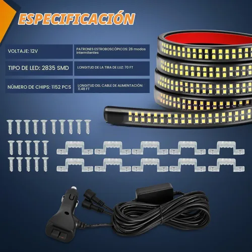 Vista 4 de Nilight 2 tiras de luces estroboscópicas de emergencia de 70 pulgadas, 1125 LED, luz ámbar flexible, intermitente, advertencia, precaución