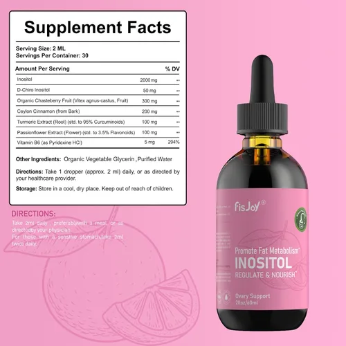 Vista 2 de Suplemento de mio-inositol y D-Chiro inositol, vitaminas veganas en gotas, proporción 40:1, puro y potente, para el bienestar hormonal, función