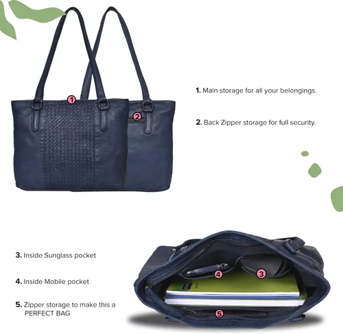 Vista 4 de Bolso de hombro de cuero genuino para mujer, con asa superior, para viaje, bolso vintage de diseñador para mujer, Azul desteñido, Vintage