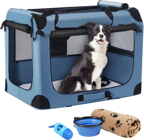 Vista 9 de Jaula portátil plegable para perros Petprsco, jaula de viaje para perros 24x17x17 con manta suave y cálida y cuenco plegable para gatos grandes