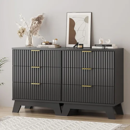 Vista 7 de Cómoda acanalada para dormitorio con 3 cajones, cómoda moderna de 24 pulgadas de ancho con mango de metal, soporte de TV de madera, armario de Negro