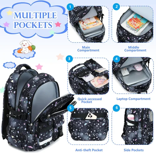 Vista 4 de AO ALI VICTORY - Mochila para niñas con lonchera, mochilas escolares para niños y niñas de escuela primaria y secundaria, lindo juego de mochilas