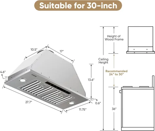 Vista 7 de VIKIO HOME Campana extractora integrada/de inserción de 36 pulgadas 980 CFM, Campana extractora de cocina de acero inoxidable con conducto
