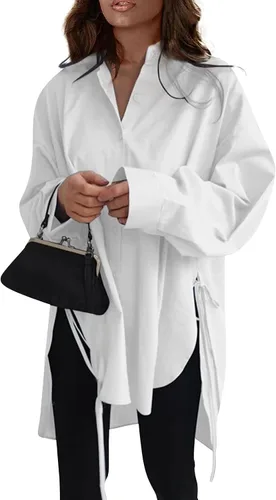Vista 85 de Camisas de manga larga con botones para mujer, asimétricas, casuales, con cordones, túnica de gran