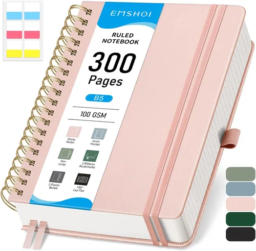 Vista 14 de EMSHOI Cuaderno con espiral de la universidad rayado, 300 páginas numeradas, A4 tapa dura grande de cuero, cuaderno rayado grueso de 100 g/m²
