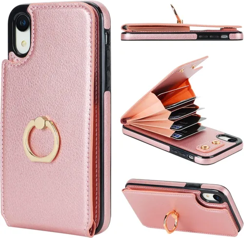 Vista 10 de Folosu Funda compatible con iPhone XR con soporte para tarjetas, rotación de 360°, soporte de anillo de dedo con función atril, bloqueo RFID, piel