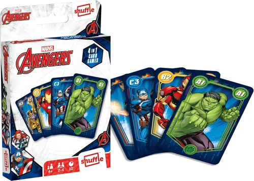 Vista 2 de Shuffle Juego de cartas de los Vengadores para niños – Broche 4 en 1, pares, familias felices y juego de acción, guía de juego incluida, gran regalo
