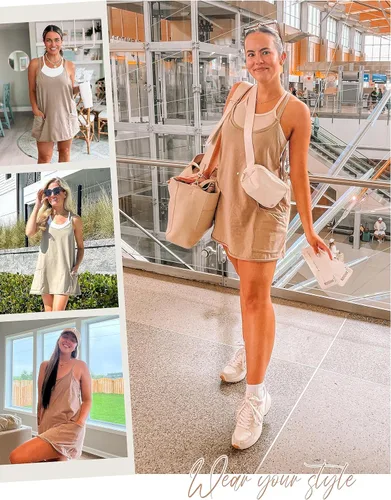 Vista 6 de Lentta Minivestido deportivo sin mangas para mujer con pantalones cortos incorporados, cuello en V, tirantes delgados, vestido de verano