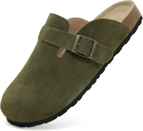 Vista 14 de Dumalum - Zuecos de ante para mujer y hombre - Sandalias ajustables con hebilla, plantilla de corcho, suelas antideslizantes - Zapatillas unisex