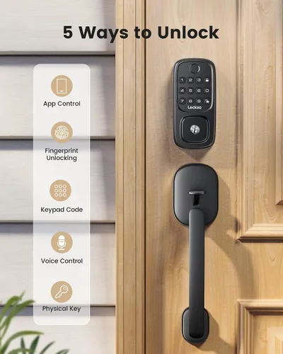 Vista 3 de Cerradura Inteligente de Perno de Seguridad con Huella Dactilar y 2 Manijas de Palanca, Juego de Cerradura de Puerta Frontal sin Llave, Cerradura