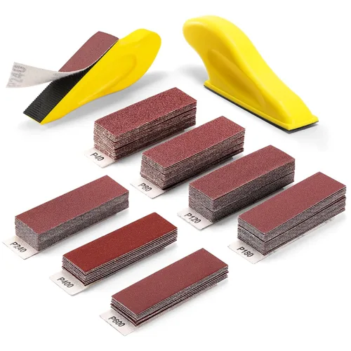 Vista 7 de POLIWELL Kit de micro lijadora de 3.5 x 1 pulgada para proyectos pequeños, herramientas de lijado con mango de detalle + papel de lija de grano 80