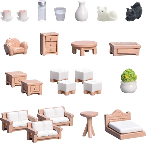 Vista 2 de Juego de 23 piezas de decoración de muebles de casa de muñecas, accesorios de bricolaje, incluyendo comedor, sentado, sala de estar, dormitorio
