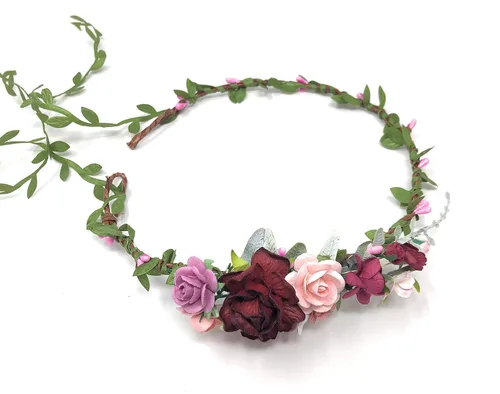 Vista 3 de Corona de flores burdeos marfil diadema de boda adulto diadema halo floral corona de pelo (borgoña y marfil)