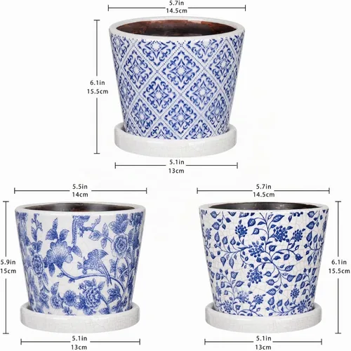 Vista 3 de Juego de 3 macetas decorativas azules y blancas, macetas redondas de cerámica para plantas de interior con orificio de drenaje y platillos, maceta