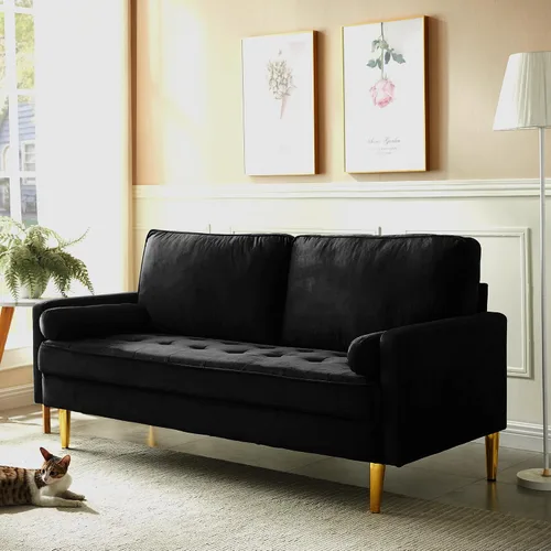 Vista 5 de Sofá LoveSeat de 67 pulgadas, sofá biplaza, sofás modernos de tela de terciopelo con diseño de puntos con dos almohadas redondas para espacios