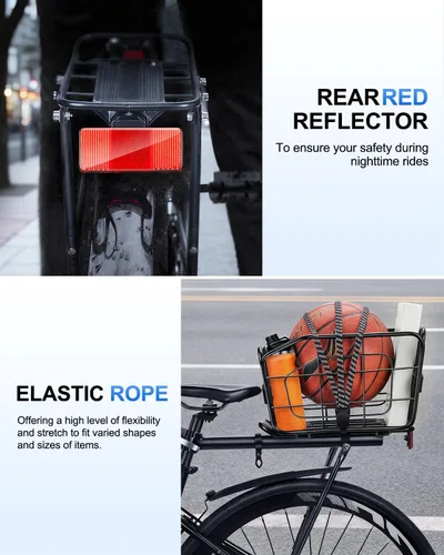 Vista 4 de Cesta trasera para bicicleta, estante de carga de aluminio para bicicleta, cesta de bicicleta de capacidad de 22 litros, plegable y extraíble