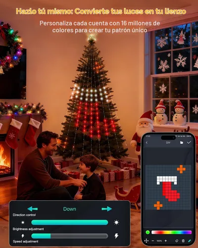 Vista 3 de luces inteligentes para árbol de Navidad, espectáculo de luces LED de cambio de color DIY, 6 pies, más de 200 escenas, cascada de luces de árbol