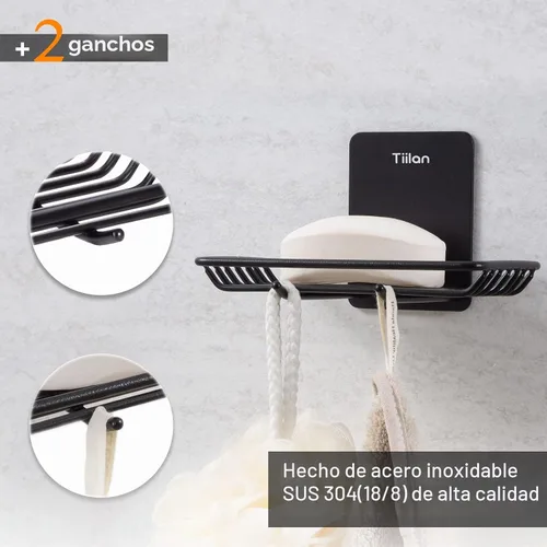 Vista 3 de Jabonera autoadhesiva para ducha, soporte de pared para jabón de baño, acero inoxidable, color negro