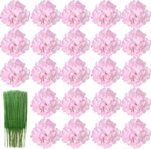 Vista 10 de HinyoCo - 28 flores artificiales de hortensias de seda, cabeza de hortensia de 7 pulgadas con tallo, utilizadas para decoración del hogar, boda Rosa