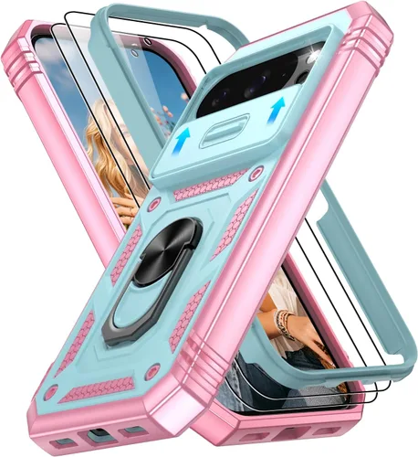 Vista 231 de Gritup Funda para Google Pixel 6 con cubierta deslizante para cámara y protector de pantalla (2 unidades), soporte de anillo giratorio 360°, funda