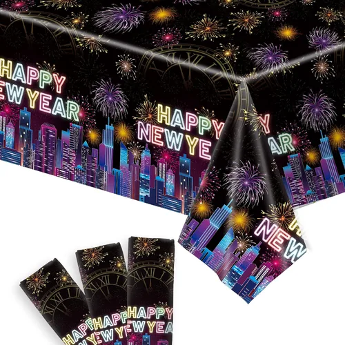 Vista 9 de KatchOn, Mantel de feliz año nuevo – 108 x 54 pulgadas, paquete de 3 Decoraciones de Año Nuevo 2026 Mantel de feliz año nuevo 2026