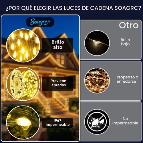 Vista 4 de Luces de Navidad para exteriores, 400 luces LED de 131 pies, luces de árbol de Navidad, impermeables IP67, 8 modos, luz blanca cálida