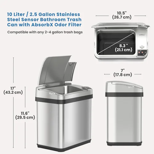 Vista 5 de iTouchless - Contenedor de basura de 4 galones con sensor, filtro de olor AbsorbX y ambientador de aire Wave-Open Lid Needs No Touch Acero