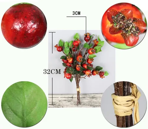 Vista 3 de EXCEART Bayas artificiales de rosa mosqueta y tallos de frutas de granada, 5 decoración de mesa de comedor, tallos de bayas rojas artificiales