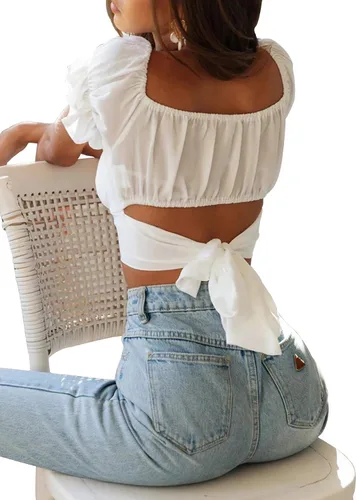 Vista 7 de LYANER - Blusa ombliguera para mujer, manga corta, con volados, que se ata en la espalda y hombros descubiertos, estilo Bardot