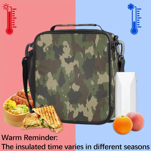 Vista 4 de Pardick Lonchera con aislamiento de camuflaje para niños y estudiantes, lonchera con soporte para comidas, color verde camuflaje, bolsa térmica