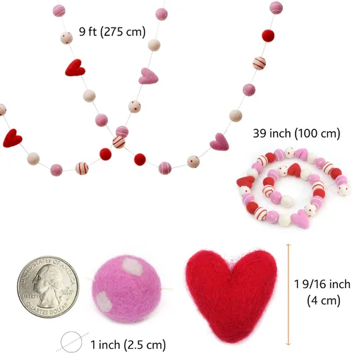 Vista 4 de Glaciart One Guirnalda de bolas de fieltro de San Valentín con bolas de remolino, hecha a mano en Nepal con lana de Nueva Zelanda, reutilizable