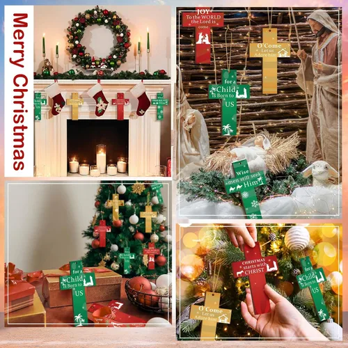 Vista 4 de Poen 24 adornos colgantes de cruz de madera con cuerdas, adorno de Navidad a granel para árbol de Navidad, decoración de cumpleaños, boda, fiesta