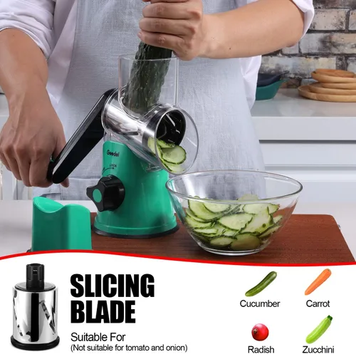 Vista 4 de Geedel Rallador rotativo de queso, rebanador de verduras de mandolina de cocina con 3 cuchillas intercambiables, fácil de limpiar, rallador