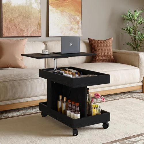 Vista 15 de Mesa auxiliar elevable con almacenamiento, moderna mesa central de 42 pulgadas con tres paneles de almacenamiento ocultos y estriados, elevación