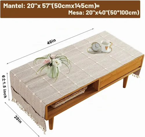 Vista 2 de Funda para mesa auxiliar con bolsillos y borlas, rectangular a rayas Beige