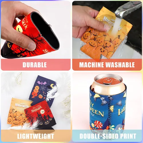 Vista 4 de 12 fundas para latas de Halloween, de 12 onzas, fundas para enfriadores de latas de Halloween, casas encantadas, fantasma, gato negro, calabaza