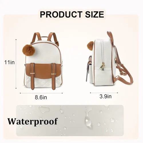 Vista 4 de ZGWJ Linda mochila de cuero para mujer, bolso de cuero a la moda, con lazo, mochila pequeña de viaje, bolsas de hombro, Beige-Marrón, Lindo