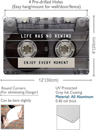 Vista 2 de Letrero de metal inspirador de 12 x 8 pulgadas, arte de pared retro de aluminio con frase "Life Has No Rewind" Enjoy Every Moment Positive Quotes