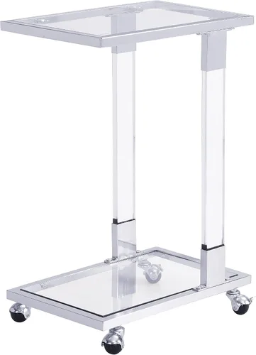 Vista 4 de Mesa auxiliar móvil de vidrio transparente con marco acrílico, moderna mesa auxiliar de sofá en forma de C con ruedas, mesa de aperitivos